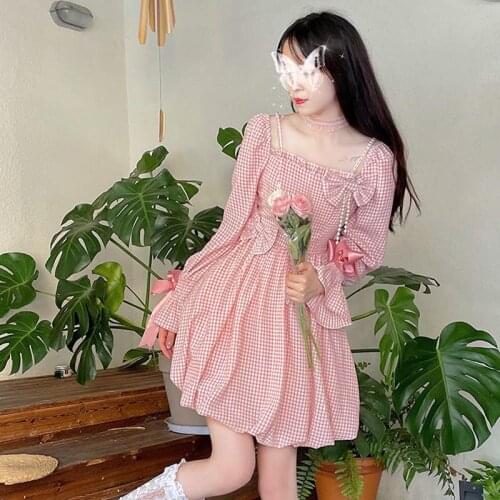 Sweet Square Collar Pink Plaid Midi Dress Soft Girl Kawaii Puff Sleeve Autumn Princess Bow Dress Female Japanese Lolita Dresses