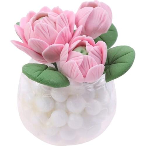 Mini Lotus Potted Plant Pink Flower Lotus Doll House Decor Children Baby Gift Furniture Toys 1:12 Dollhouse Miniature