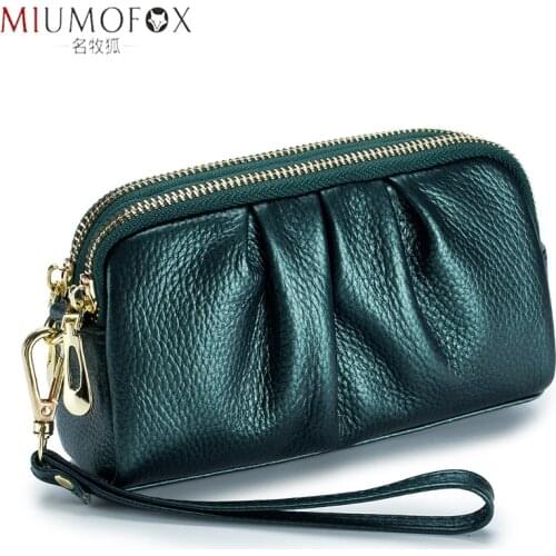 Fashion Soft Genuine Leather Ladies' Day Clutches Clutch Bags Organizer Purse Double Zippers Real Cowhide Phone Bag Wrist Bag