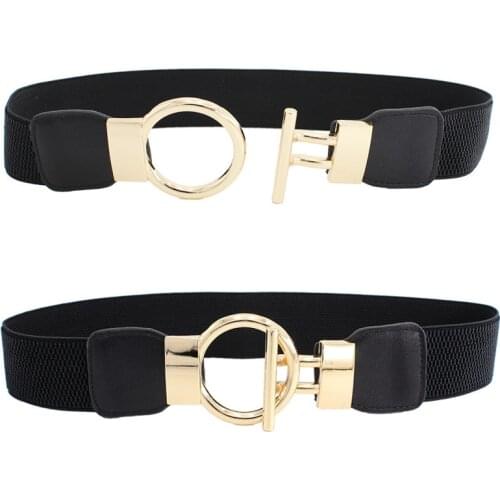 Fashion Girl Elastic Belt New Dress Skirt Elastic Wide Waist Seal Gold Round Buckle Womens Decorative Belts