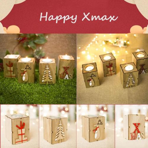 Newest Arrival Christmas Square Wood Candlestick Cute Letter Christmas Tree Elk Gift Box Decoration Candle Holders