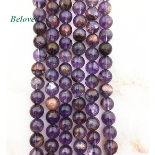 Genuine Round Purple Phantom Quartz Cacoxeni Beads, Smooth Amethysts Cacoxenite Crystal Gems Stone Bead For Jewelry DIY, BG18134