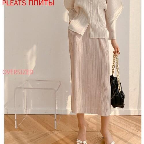 2021 Autumn and Spring Miyake Folds and Thin Mid-waist Age-reducing Side Slit Mid-length Skirt Pleats