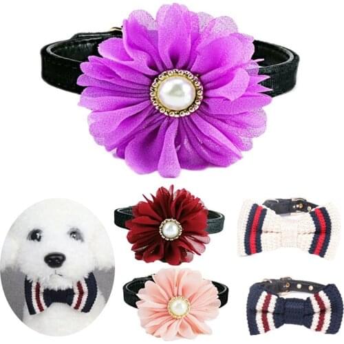 Flower Dog Collar Pet Cat Bow Perro Collier Chiens Leather Necklace Accessories Bowknot Personalized for Small Teddy Chihuahua
