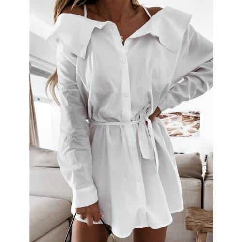 Traf Women Shirt dress Fashion Sexy Sling Halter Off-the-shoulder Solid Color Loose Long Sleeves Tunic dress for women 2021 #40