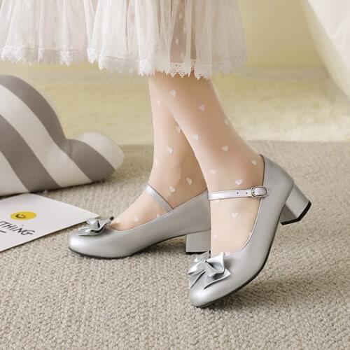 Oversized Biggest Plus Size 49 50 Round Toe Cute Sweet Butterfly Knot Bow-tie Lolita Shoes Women Square Medium Heels Mary Janes