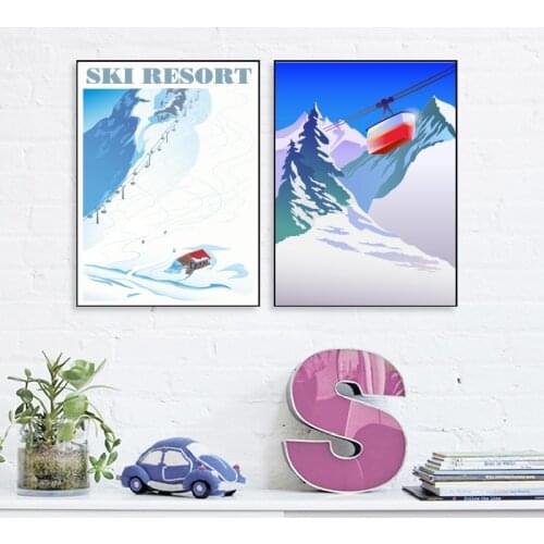 Ski Resort Poster Winter Mountain Landscape Art Canvas Painting Prints Retro Illustration Wall Art Picture for Living Room Decor