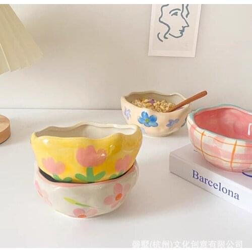 Hand Pinched Flower Bowls Ice Cream Bowl Retro Tulip Tableware Irregular Bowl Baking Cereal Salad Dinnerware Microwave Available