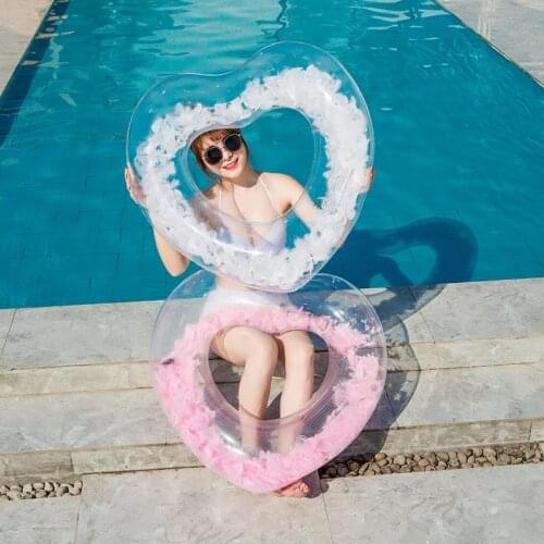 Feathers inside heart adult Pool floats Transparent Inflatable Swimming Circle Water float Buoy Rubber Swim Ring PVC Pool Toys