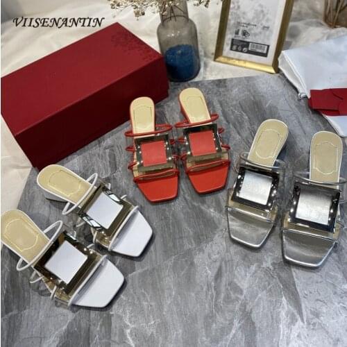 Retro Casual Square Head Thick Heel Slippers Summer Metal Square Buckle Open Toe Hollow Sandals and Slippers