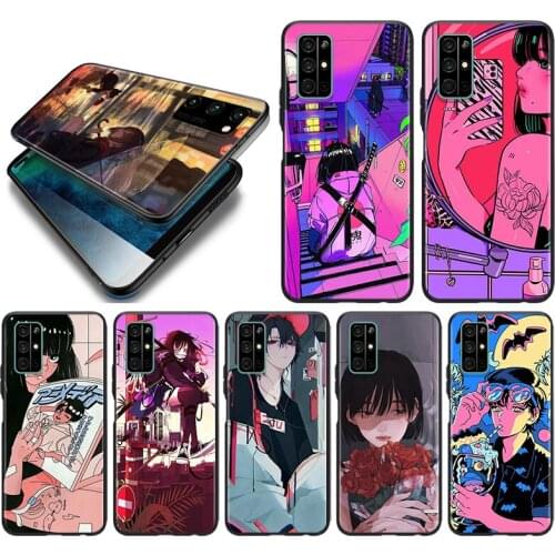 Anime Neon Color Art Girl Silicone Cover For Huawei Honor 10i 10 9C 9A RU 9X 9N 9S 9 Pro Lite Play 3E V9 Black Phone Case