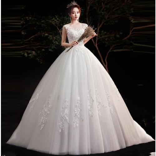 Wedding Dresses Illusion O-Neck Sleeveless Tulle Lace Up Sequined Pearls Embroidery Luxury White Elegant Women Bridal Gown G524