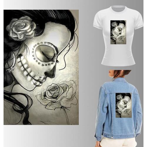 Iron-On Transfer Patches Girl Rose Art Skull Print On Patches Heat Transfert Thermocollants T-Shirt Jacket DIY Patch Appqiued