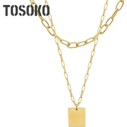 TOSOKO Stainless Steel Jewelry Square Brand Pendant Retro Clavicle Chain Womens Simple Double Layered Overlapping Necklace 1128