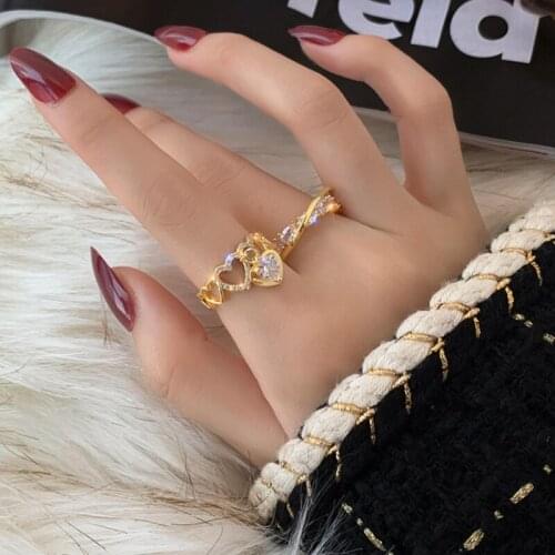 U-Magical Statement Love Heart Charming Rings for Women Shining Rhinestone Brass Gold Hollow Cross Open Adjusting Ring Jewelry