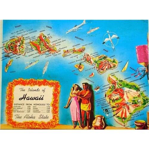 Vintage Hawaiian Map Hawaiian Islands Sightseeings Retro Poster Canvas Painting DIY Wall Paper Posters Home Decor Gift