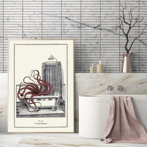 Vintage Octopus Print Funny Toilet Wall Art Cloakroom Poster Retro Gothic Steampunk Bathroom Wall Pictures Canvas Painting Decor