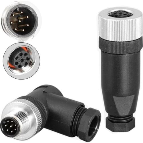 Waterproof M12 8 Pin Connector Circular Electrical Wire Panel Right Angle Aviation Male Plug Female Socket Screw Threaded Lock