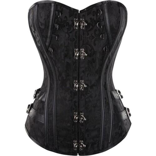 Jacquard Steampunk Corset Sexy Women Faux Leather Buckle Closure Rivet Overbust Corselet Bustier Plus Size