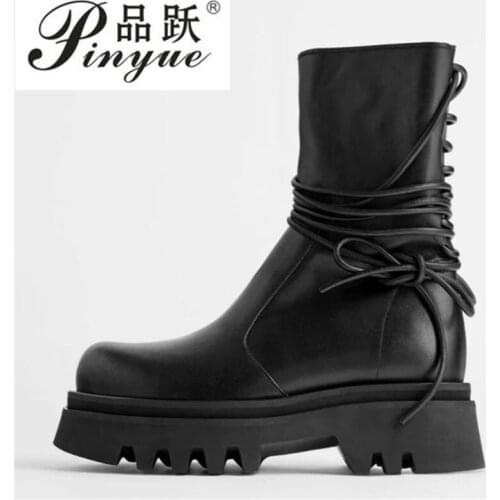 Good quality Women Platform Gothic Shoes Autumn Fashion Female Zipper Ankle Boots Black Leather Combat Boots for Women