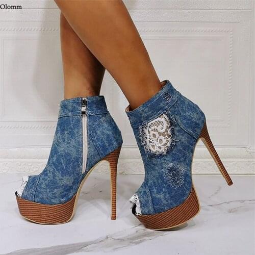 Olomm Handmade Women Platform Summer Ankle Boots Side Zipper Stiletto Heel Peep Toe Pretty Blue Party Shoes Plus US Size 5-20