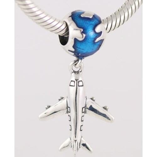 925 Sterling Silver Enamel Beads Blue Ocean & Airplane Charms Fit Original pandora Bracelet Charm For Woman DIY Jewelry