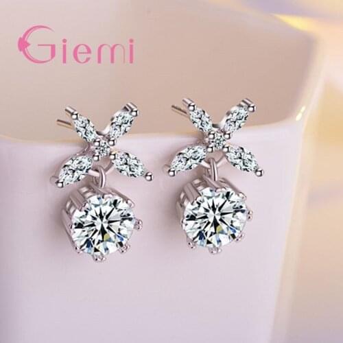 925 Sterling Silver Elegant Clear Africa Crystal Round Shape Short Drop Earrings for Women Wedding/Party/Engagement