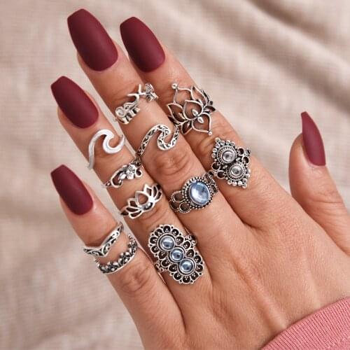 11pcs / set Fashion Boho Mixed Vintage Crown Hollow Lotus Elephant Crystal Joint Ring Set Women Personality Jewelry Rings