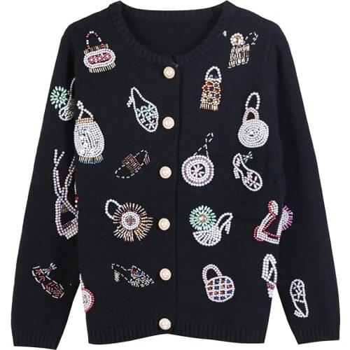 Brand Winter Women Long-sleeved O-neck Geometric Beaded Knitted Single Breasted Black White Cardigan Coat Christmas 2021 New