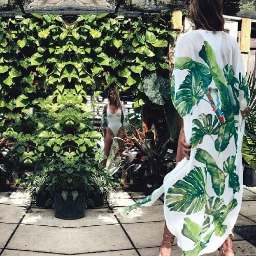 2021 Boho Leaves Print Chiffon Bathing Suit Cover-ups Plus Size Beach Wear Long Kimono Dress Women Summer Swimsuit Cover Up A791