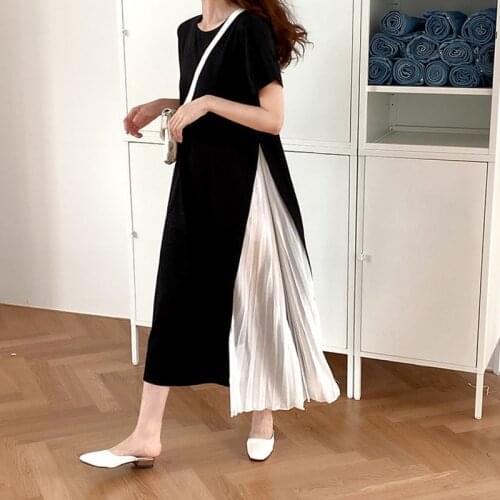 2021 intellectual light familiar style skirt Japanese and Korean solid round neck color matching short sleeve round neck dress