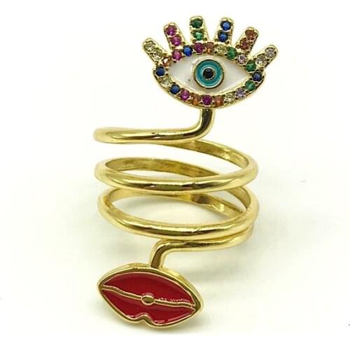 5pcs/lot 2020 New Trend Rainbow CZ Paved Eye And Enamel Lips Rings Adjustable Spiral Rings