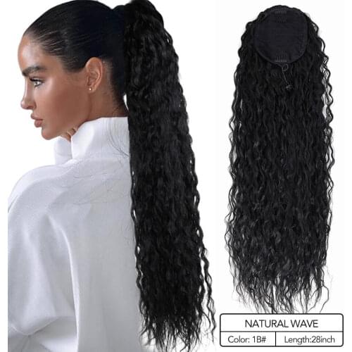 70cm Long Natural Wave Synthetic Drawstring Clip in Ponytail Extension Hair with Two Combs for Women Black Brown Ombre Color