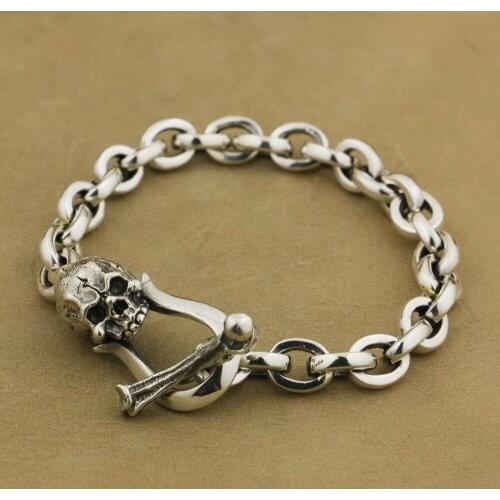925 Sterling Silver Skull OT clasp Mens Chain Biker Punk Bracelet TA42