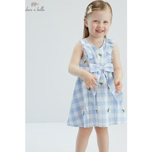 DB17787 dave bella summer baby girls cute bow floral plaid dress children fashion party dress kids infant lolita clothes