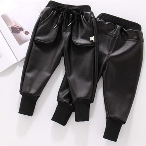 Children Casual Leather Pants Girls Winter Thick Boys Warm Pants Kids Long Trousers Baby Girls PU Pants 2-7 Years