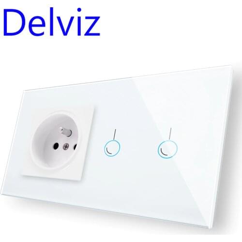 Delviz 16A French Wall Mains Socket with Touch Switch,Kitchen plug sockets,146*86,AC110~240V,EU Crystal Glass Panel 2Way Switch