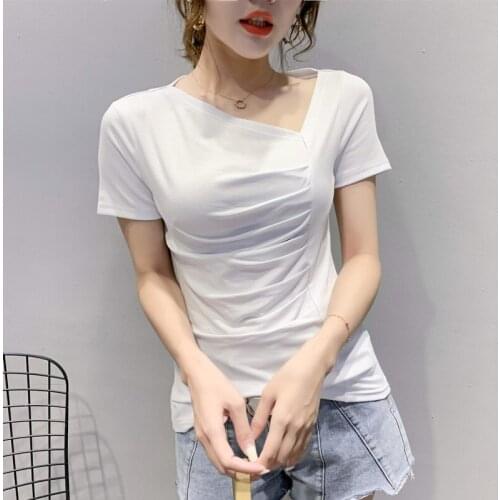 T-shirts High Quality Soft Cotton Women Tees Streetwear V-neck T-shirt Short Sleeve 2021 Summer New cotton slim top shirt 714C