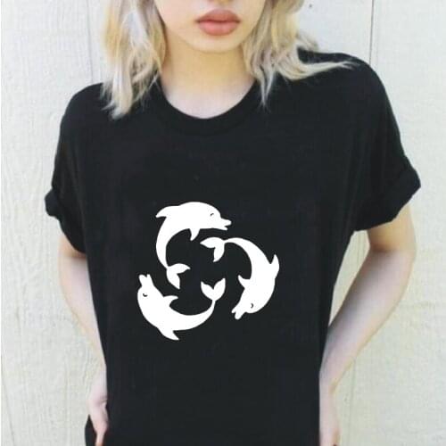 Love Dolphin Graphic Print T-shirt Womens Clothes Funny Harajuku Plus Size Cotton Tees Summer Outdoor Casual 0-Neck T-Shirts