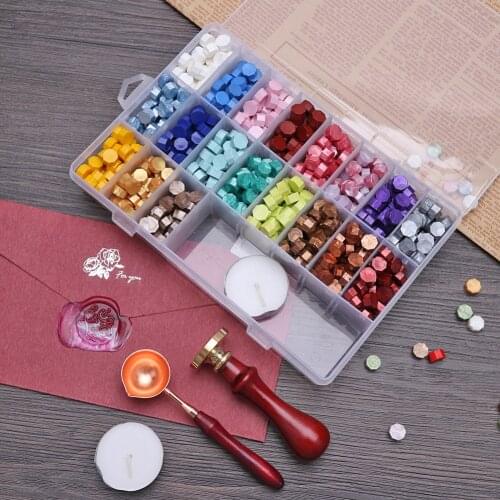 Sealing Wax Bead Set Vintage Storage Box Kit with Furnace Tablet Beads Wax Melt Spoon Stamp Set DIY Wedding Invitation