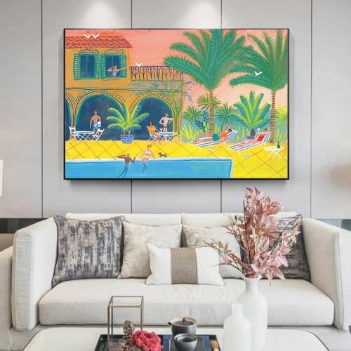 Poolside Art Print Tropical Holiday Swimming Pool Illustration Sunbathing Palm Tree Leaf Wall Art Nordic Wall Mural for Decor
