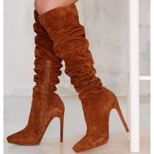 Hot Selling Brown Suede Women Knee High Boots Pointed Toe Side Zipper Pleated Tight High Boots Thin Heels Banquet Shoes Pumps