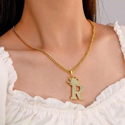 Hot Selling Womens High Quality Crown Letters Pendant Necklace Inlaid Zircon Stylish Pendant Couple Jewelry Hip Hop Punk Charm