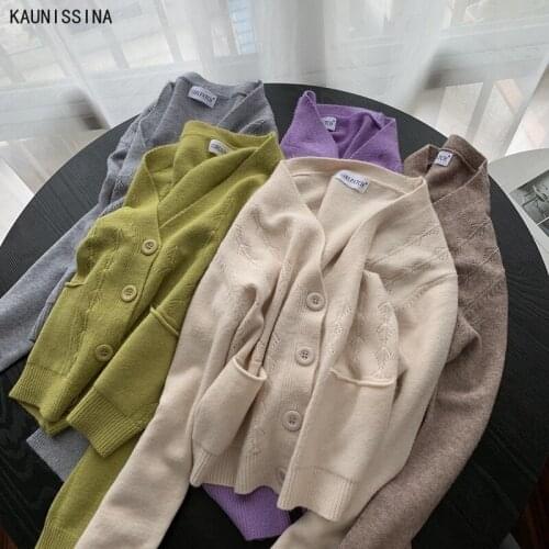 Autumn Winter Knitted Sweaters V-neck Loose Knit Cardigan Female Chic Tops Mid-Length Student Lazy Sweater Coat Outwear Tops