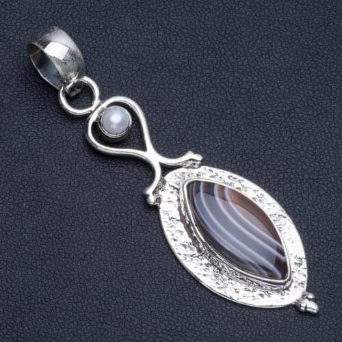 Natural Botswana Agate and River Pearl Style 925 Sterling Silver Pendant Necklace 2 1/4" R1299