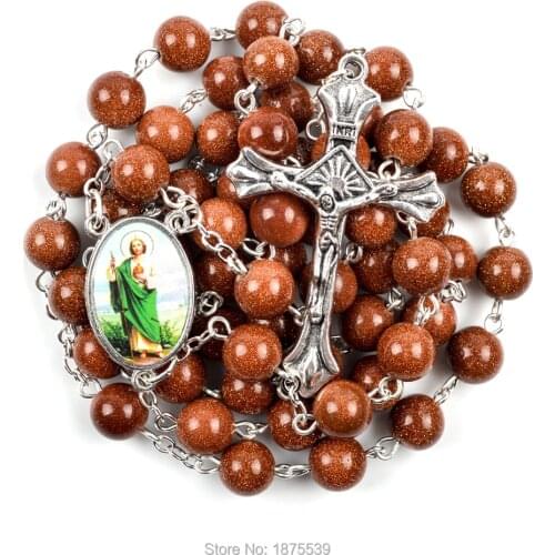 Saint Jude Rosary Round Gold Sands Stone Beads Necklace For Women Men