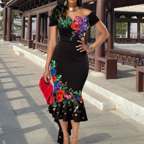 Sexy Off Shoulder Floral Print Evening Party Dresses Sleeveless Ruffles Slim Bodycon Dress Casual Long Mermaid Dresses Plus Szie