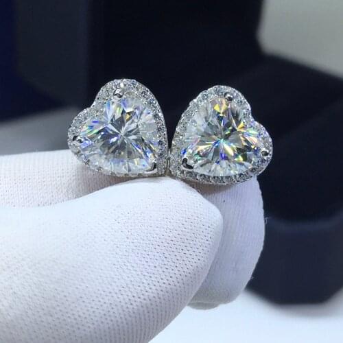 Silver 925 Original Brilliant Cut Diamond Test Past Total 4 Carat D Color Heart Shaped Moissanite Stud Earrings Gemstone Jewelry