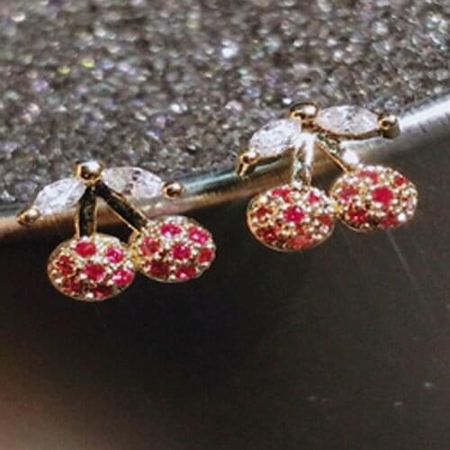 MFY Beautiful Sweet Fresh Fruit Red Cherry Earrings for Women Rhinestone Crystal Female Youth Girl Students Stud Earrings
