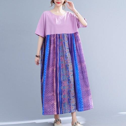 Patchwork Cotton Linen Vintage Dress Plus Size 5XL 6XL Oversized Sundress 2021 New Arrival Women Travel Casual Long Maxi Dress